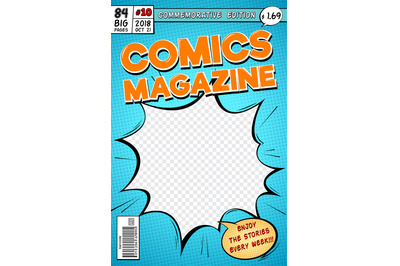 Comic book cover. Retro cartoon comics magazine. Vector template in po