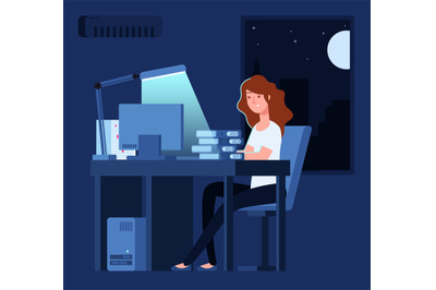 Woman working at night. Unhappy stressed female late hard works in off