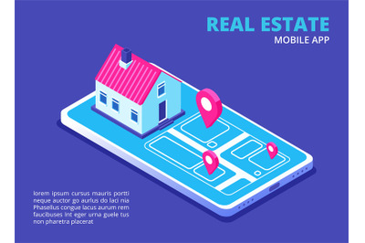 Real estate mobile app. Isometric house on cellphone screen. Search ho