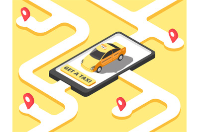 Taxi concept. Isometric yellow car cab riding for client on map. Taxi