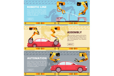 Car industry assembly line. Auto production factory with industrial ro