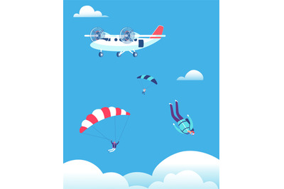 Skydiving concept. Parachutists jumping out of plane in blue sky. Peop