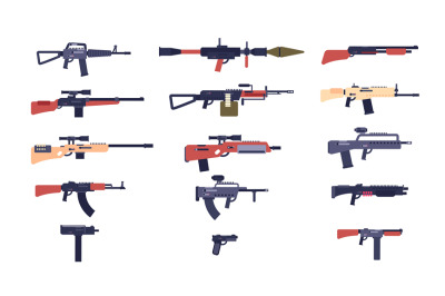 Automatic guns. Battle game weapons. Pistol, shotgun and launcher, rif