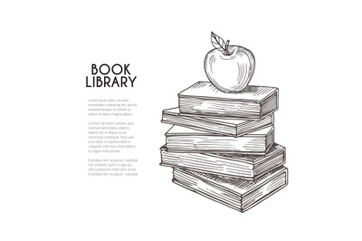 Library background. Hand drawing retro books and apple. School educati