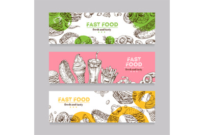 Fast food banners. Sketch burger, pizza, and snack, sandwich, ice crea