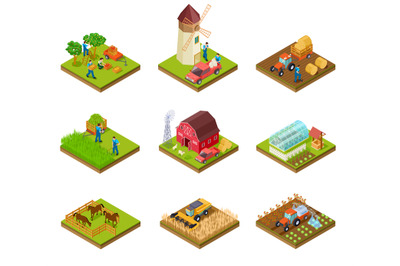 Isometric farm. Farmer tractor lorry and harvester. Livestock and agri