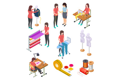 Sewing factory isometric set. Textile clothing manufacturing with work