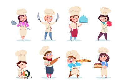 Chef kids. Little smiling boy and girl kitchen workers with dishes and