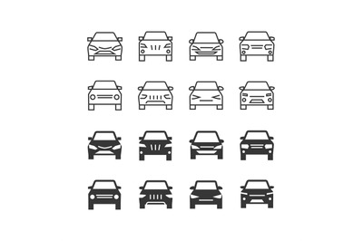 Autos front view line and silhouette vector icons