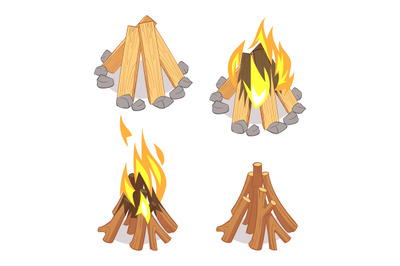 Cartoon character wooden logs and campfire isolated on white backgroun