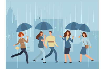 Cartoon people with umbrella walking the street in rainy day