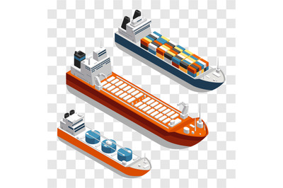 Modern cargo ships isometric vector design. Set of transportation ship