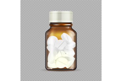 Realistic drugs bottle isolated on transparent background. Brown glass