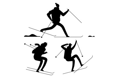 Skiing people black silhouettes isolated on white background