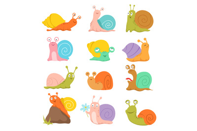 Cartoon snail. Cute slug&2C; mollusk with shell and escargot. Funny anima