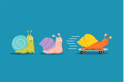 Fast and slow snails. Snail with wheels overtakes others in race. Comp