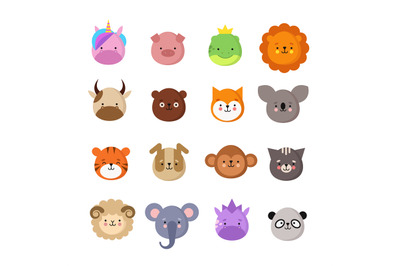 Cute animals faces. Dog and cat&2C; cow and fox&2C; unicorn and panda. Anima