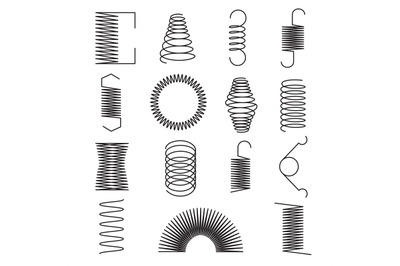 Metal spring icons. Flexible spiral lines, steel wire coils isolated v