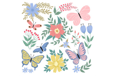 Butterflies and flowers. Hand drawn vector summer and spring collectio