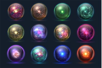 Magical crystal orbs. Glowing magic balls, mysterious paranormal wizar