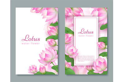 Wedding card with pink lotus. Water flower blossom greeting card. Heal