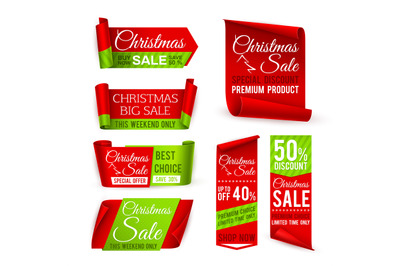 Christmas sale banners. Red silk ribbons with christmas discount and w