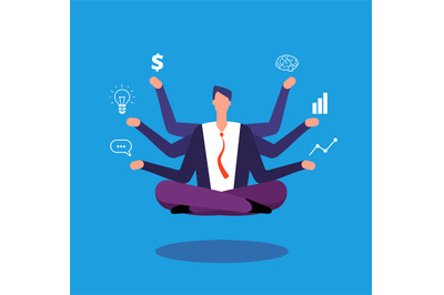 Multitasking businessman. Manager sitting in yoga lotus pose and juggl