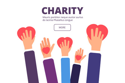 Charity and donation concept. Volunteer hands holding red hearts. Gene