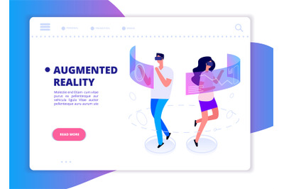 Augmented reality banner. People with headset and vr glasses gaming in