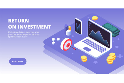 Investment banner. Investing capital, benefits and profit with laptop,