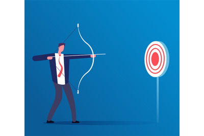 Target business concept. Businessman hitting target with bow and arrow