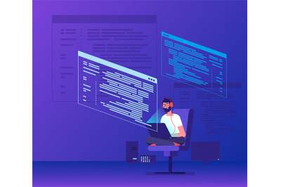 Programmer coding. Young man freelancer working on program code with l