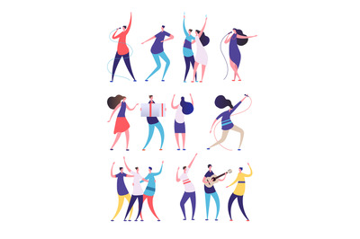 People on birthday party. Cartoon men women sing, dance play guitar, c