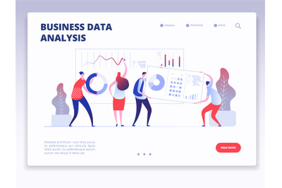 Landing page. People with dashboard and data charts infographic. Busin