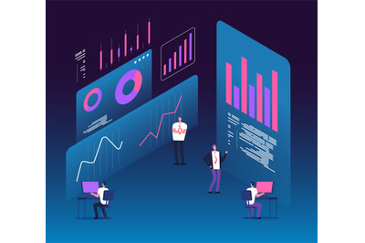 Investment strategy isometric concept. People with analytics data diag