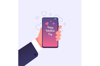 Love message. Hand holding smartphone with happy valentines day congra