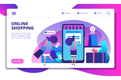 Online shopping landing page. People with smartphone doing internet pa