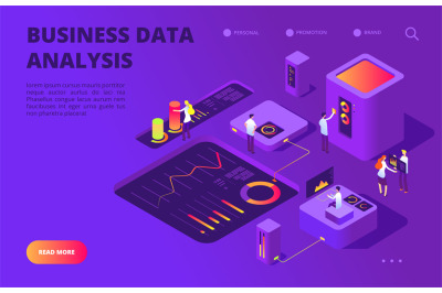 Data analysis isometric concept. People work on infographic chart, das