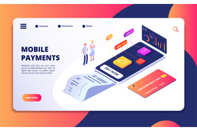 Online payment isometric concept. Banking shopping mobile phone app. C