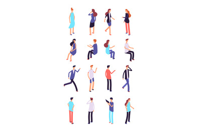 Isometric people. Cartoon sitting and standing persons. 3d men and wom