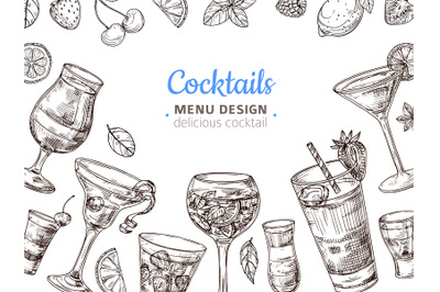 Hand drawn cocktail background. Engraving cocktails alcoholic drinks v