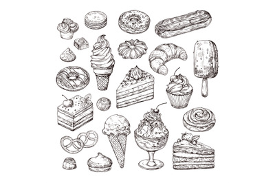 Sketch dessert. Cake, pastry and ice cream, apple strudel and muffin i