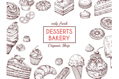 Sketch dessert background. Sweet cake delicious pie croissant and muff