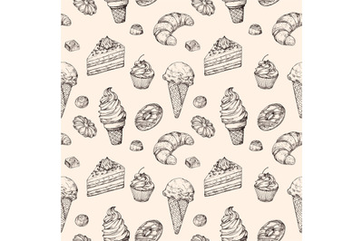 Sketch dessert seamless background. Cakes sweets cupcake and ice cream