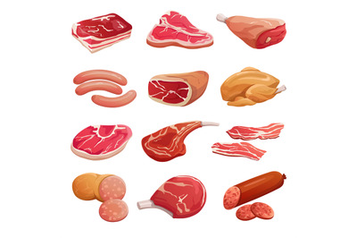 Cartoon meat set. Pork, beef and lamb raw meat products and sausages,