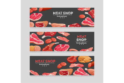 Meat product banners. Beef and pork sausage&2C; ham and salami&2C; bacon. Bu