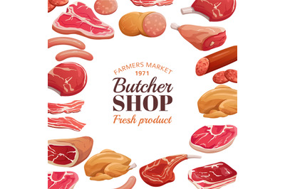 Butchery poster. Fresh meat raw, beef steak and pork ham. Meat product