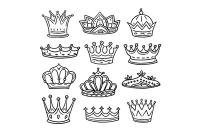 Hand drawn crowns. King&2C; queen doodle crown and princess tiara. Vintag