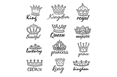 Sketch crowns. Hand drawn king, queen crown and princess tiara. Royalt