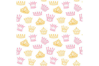 Crown seamless pattern. Golden and pink crowns for princess. Newborn g